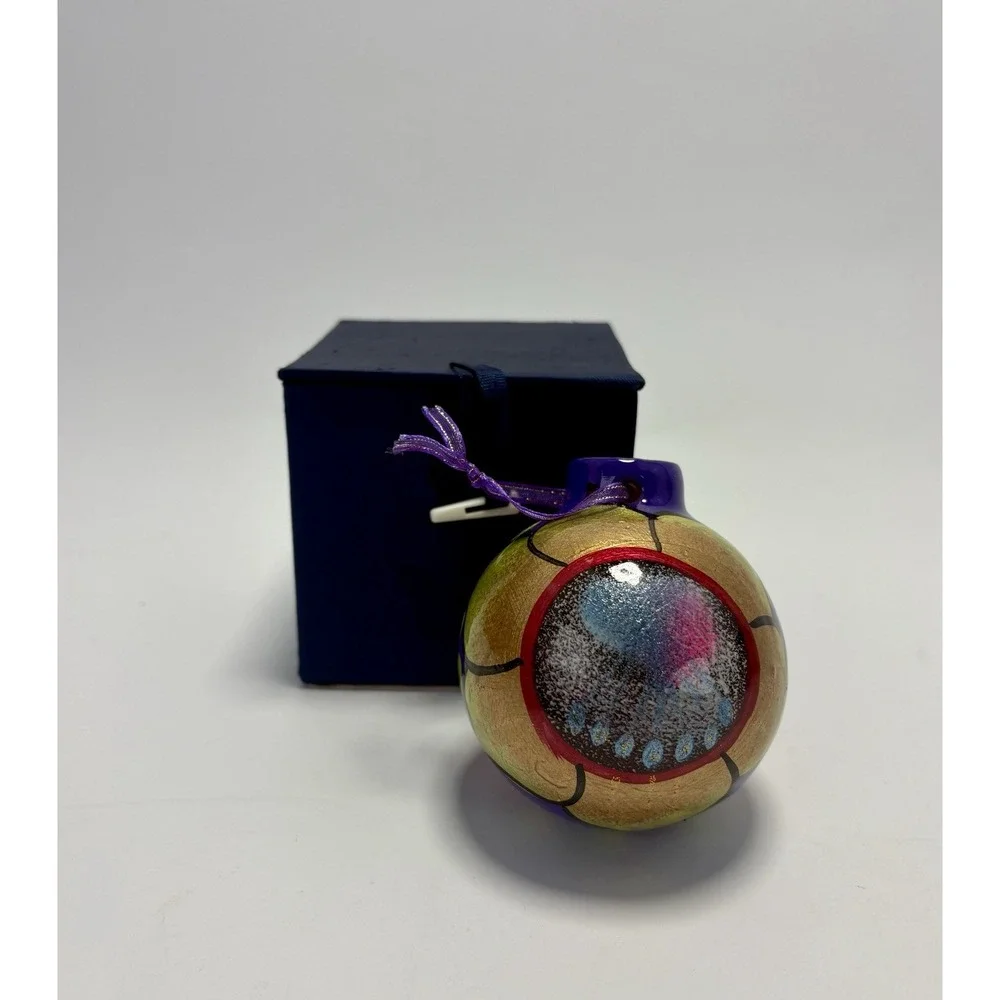 Hand Painted Ceramic Terra Cotta Ornament Folk Art Purple‎ Gold Ribbon Hang